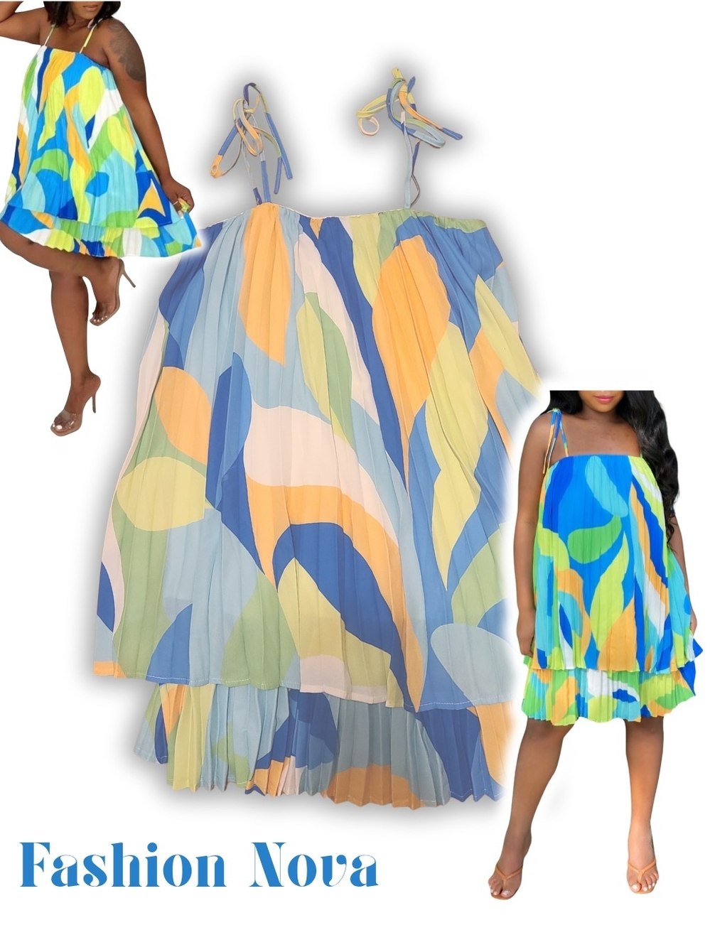 Fashion Nova Blue Green Yellow Pleated Dress